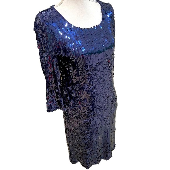 NWT BBDakota Leila navy oval sequin bodycon 3/4 sleeve dress above knee medium - Picture 4 of 12